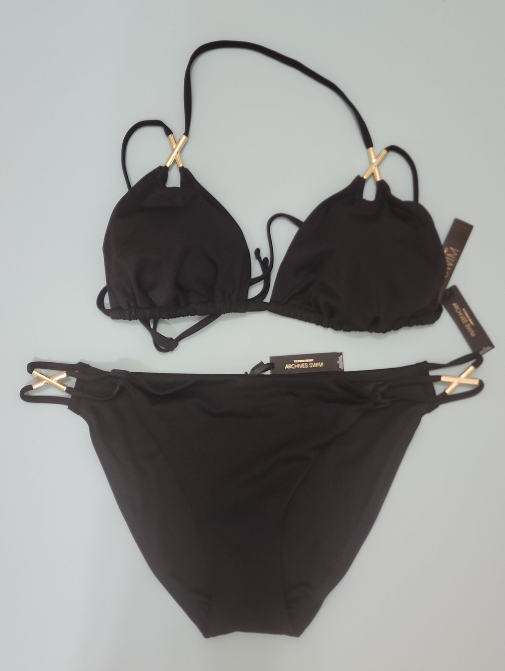 Victoria's Secret Archives Swim Black Triangle Bikini Set Gold Accent Sze XL NWT